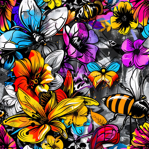 Seamless 3D PBR Graffiti Texture Featuring Vibrant Flowers and Bee Illustrations