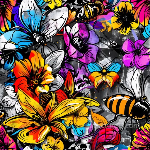 Seamless 3D PBR Graffiti Texture Featuring Vibrant Flowers and Bee Illustrations texture preview