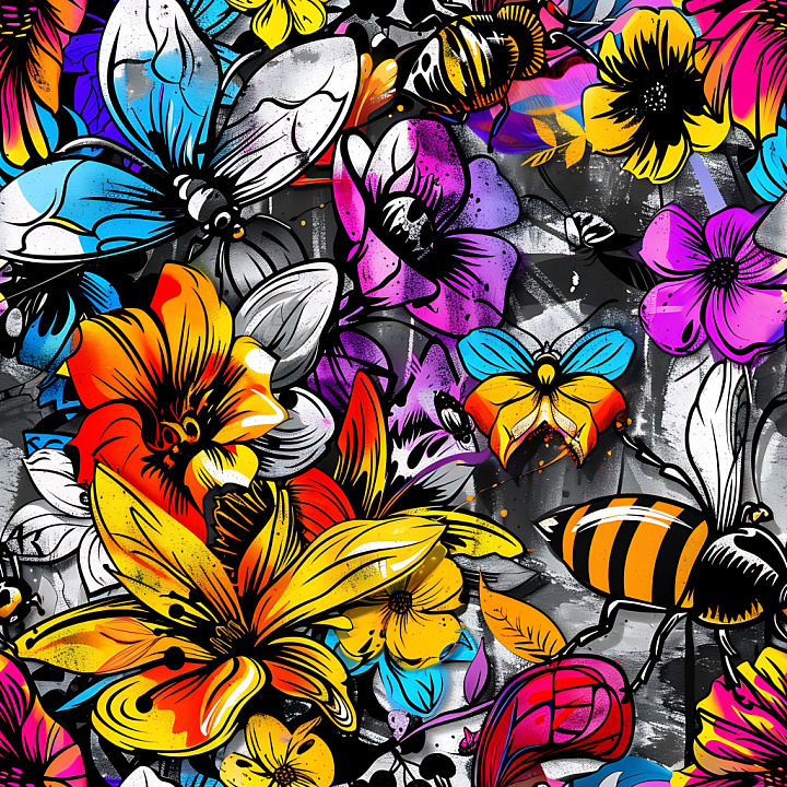 Graffiti Featuring Vibrant Flowers and Bee Illustrations seamless PBR texture preview