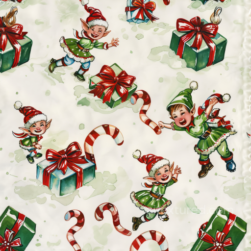 Watercolor Christmas Fabric Texture with Playful Elves and Gift Boxes seamless Watercolor Christmas PBR texture