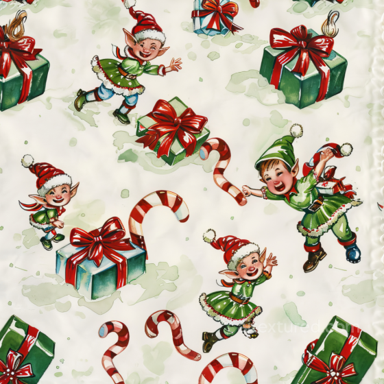 Watercolor Christmas Fabric Texture with Playful Elves and Gift Boxes Watercolor Christmas texture preview