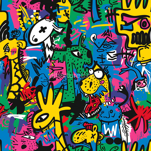 Seamless 3D PBR Graffiti Texture Featuring Bold Abstract Animal Illustrations