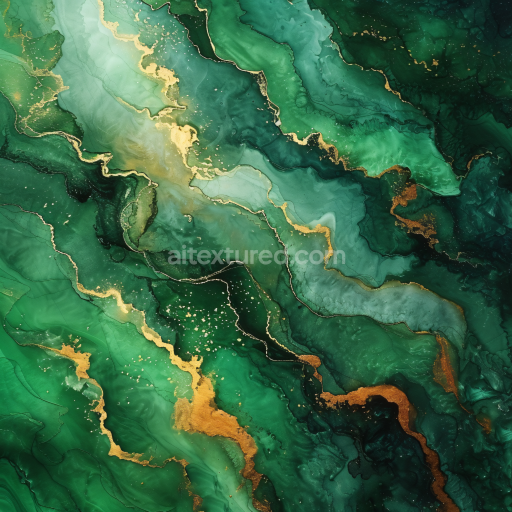 Seamless 3D Alcohol Ink PBR Texture Featuring Deep Green Swirls with Elegant Gold Veins