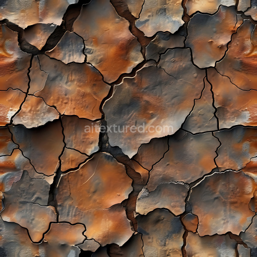 Seamless 3D Cracked and Holed Rusty Metal PBR Texture with Rich Orange and Black Tones