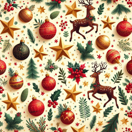 Seamless 3D PBR texture of Christmas vintage ornaments, stars, and holly
