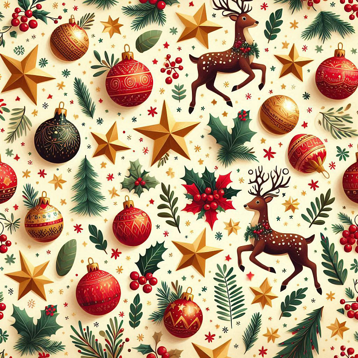 Of Christmas Vintage Ornaments, Stars, And Holly seamless PBR texture preview