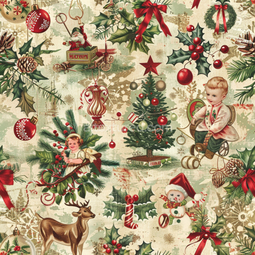 Seamless 3D PBR Vintage Christmas Fabric Texture with Classic Holiday Motifs