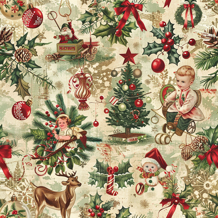 Vintage Christmas Fabric with Classic Holiday Motifs seamless PBR texture preview