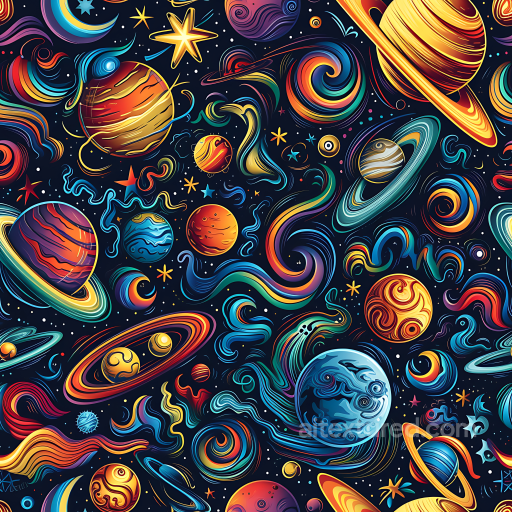 Stylized Space PBR Texture Featuring Vibrant Planets and Colorful Cosmic Swirls seamless Star, space, planets PBR texture