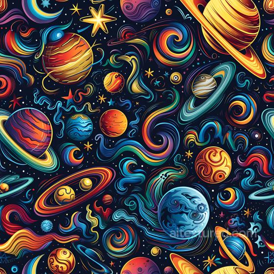 Stylized Space PBR Texture Featuring Vibrant Planets and Colorful Cosmic Swirls Star, space, planets texture preview