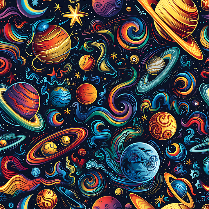 Stylized Space Featuring Vibrant Planets and Colorful Cosmic Swirls seamless PBR texture preview