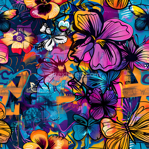 Seamless 3D PBR Texture of Vibrant Butterfly and Floral Graffiti Art