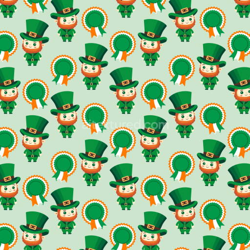Seamless 3D PBR texture of cartoon leprechauns and rosettes in vibrant green palette