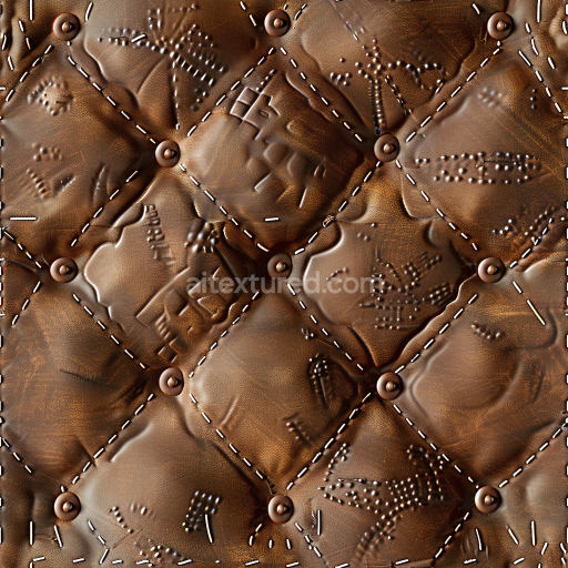 Seamless 3D Quilted Embossed Brown Leather PBR Texture with Stitched Panels