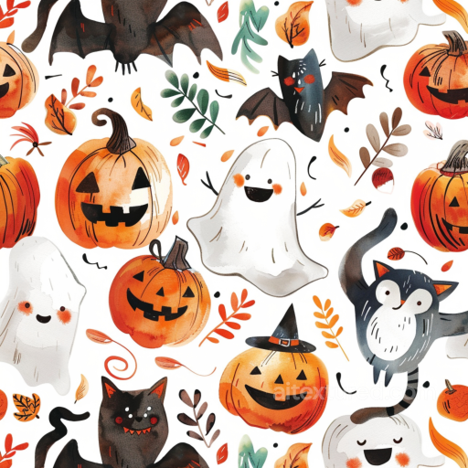 Watercolor Halloween Pattern Texture with Pumpkins and Ghosts seamless Watercolor Halloween PBR texture