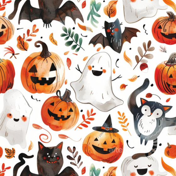 Watercolor Halloween Pattern Texture with Pumpkins and Ghosts Watercolor Halloween texture preview
