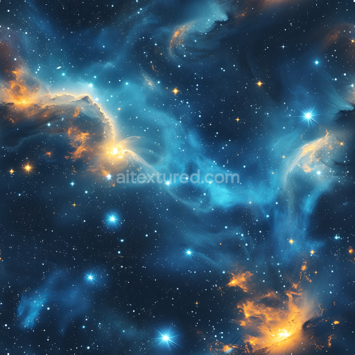 Seamless 3D Space PBR Texture Featuring a Vibrant Blue Nebula with Luminous Orange Highlights
