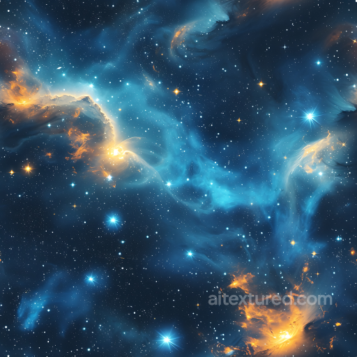 Space PBR Texture Featuring a Vibrant Blue Nebula with Luminous Orange Highlights seamless Star, space, planets PBR texture