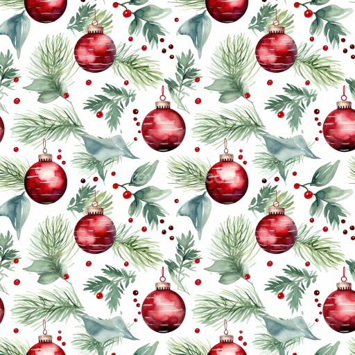 Seamless 3D PBR Watercolor Christmas Fabric Texture with Red Ornaments and Greenery