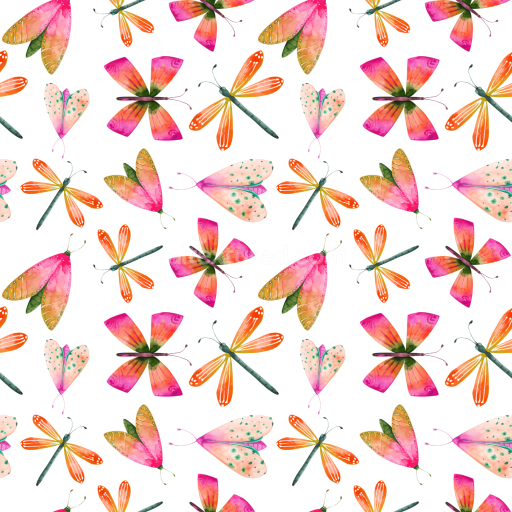 Seamless 3D PBR Watercolor Dragonfly Pattern Texture with Vibrant Pink, Orange, and Green Hues