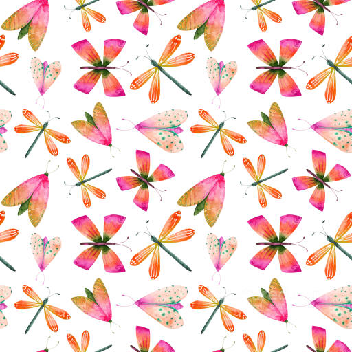 Watercolor Dragonfly Pattern Texture with Vibrant Pink, Orange, and Green Hues seamless Dragonfly PBR texture