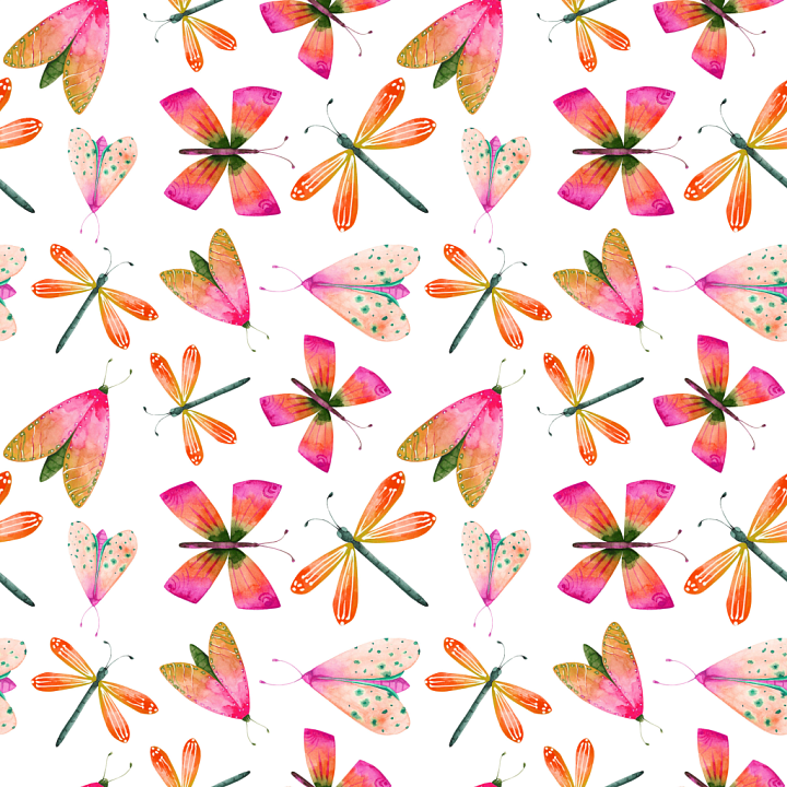 Watercolor Dragonfly Pattern with Vibrant Pink, Orange, and Green Hues seamless PBR texture preview