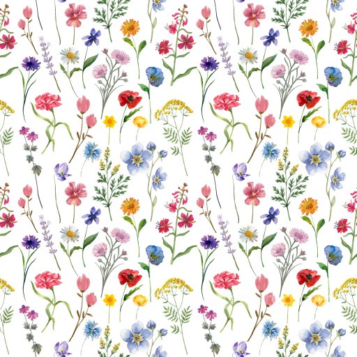 Seamless 3D Wildflower Pattern PBR Texture with Delicate Watercolor Floral Motifs texture preview
