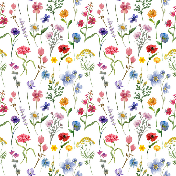 Wildflower Pattern with Delicate Watercolor Floral Motifs seamless PBR texture preview