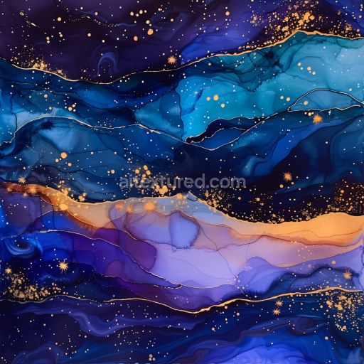 Seamless 3D Alcohol Ink PBR Texture Featuring Vibrant Blue and Gold Fluid Swirls