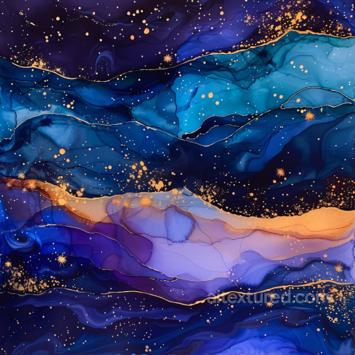 Alcohol Ink PBR Texture Featuring Vibrant Blue and Gold Fluid Swirls seamless Alcohol ink PBR texture