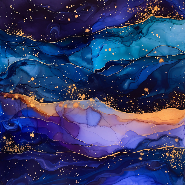 Alcohol Ink Featuring Vibrant Blue and Gold Fluid Swirls seamless PBR texture preview