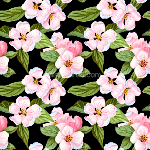 Seamless 3D PBR Texture Featuring Hand-Painted Pink Flowers and Green Leaves on Black Background