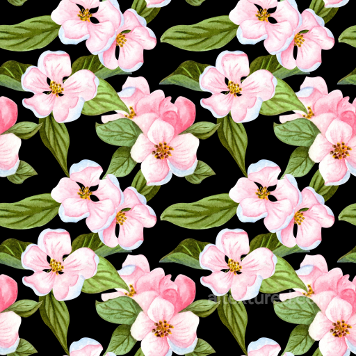 Featuring Hand-Painted Pink Flowers and Green Leaves on Black Background seamless Pink Flower PBR texture