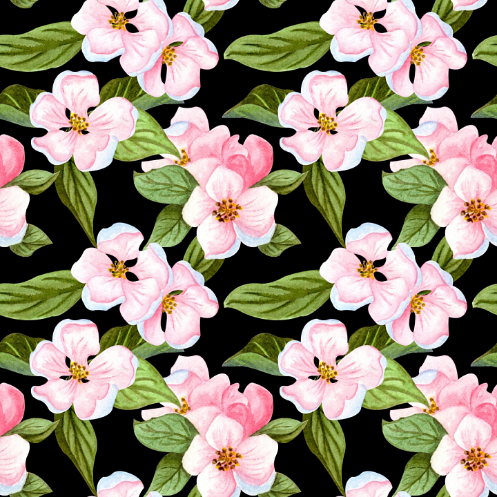 Featuring Hand-Painted Pink Flowers and Green Leaves on Black Background seamless PBR texture preview