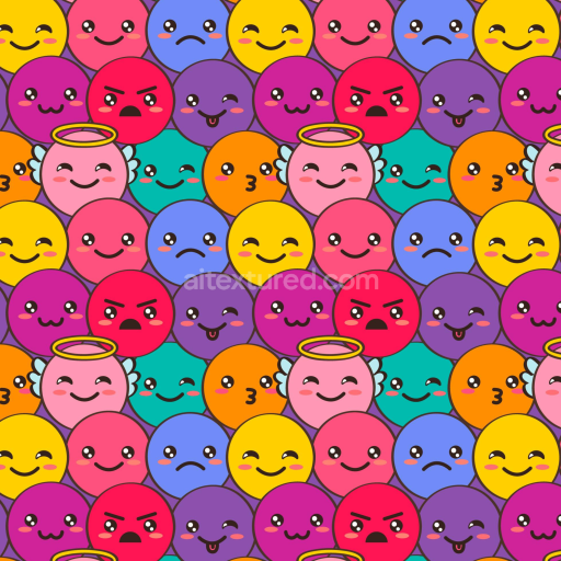 Seamless 3D PBR Texture of Colorful Cartoon Happy Face Pattern with Varied Expressions