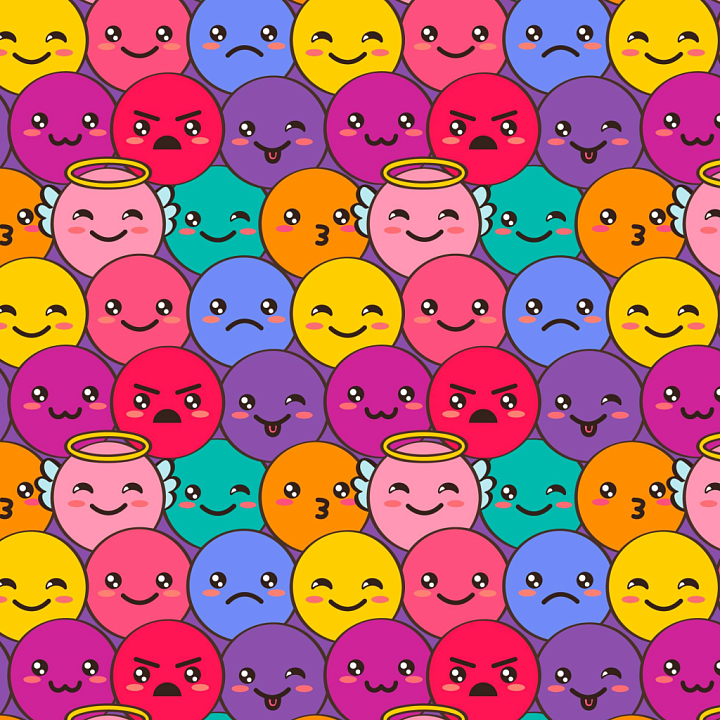 Colorful Cartoon Happy Face Pattern with Varied Expressions seamless PBR texture preview