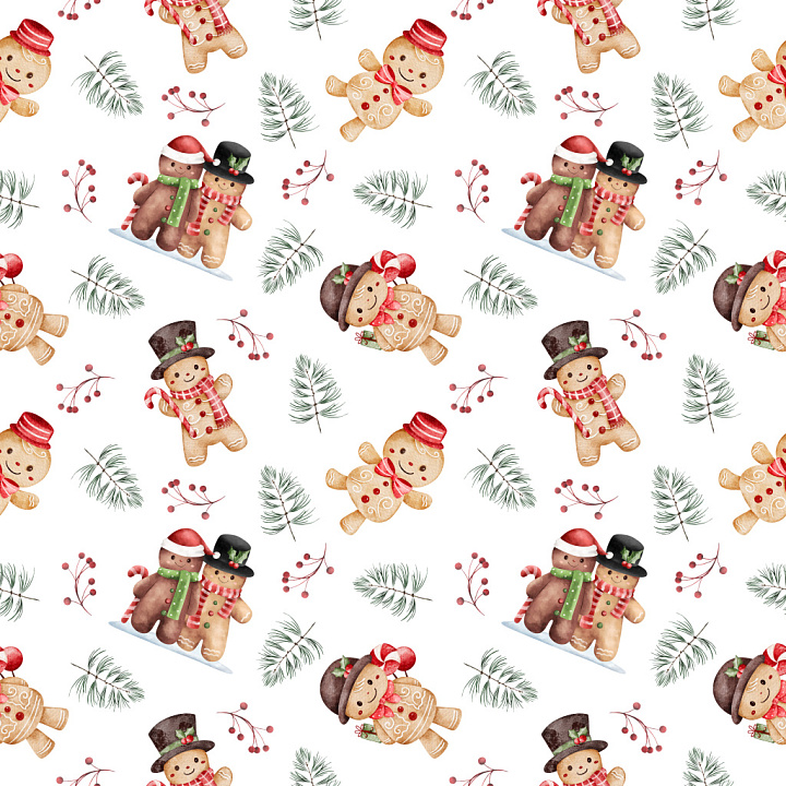 Pattern Featuring Festive Gingerbread Characters and Holiday Foliage seamless PBR texture preview