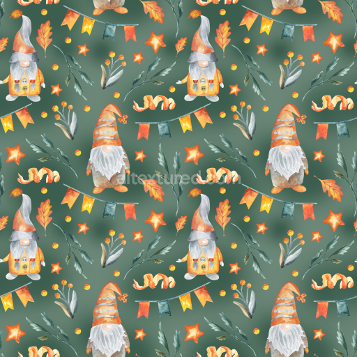 Seamless 3D PBR watercolor cartoon gnome fabric texture with foliage and stars