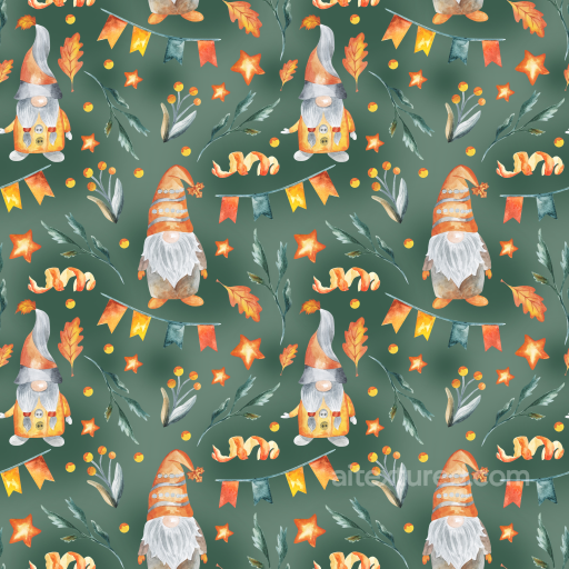 Watercolor Cartoon Gnome Fabric Texture With Foliage And Stars seamless St patrick PBR texture