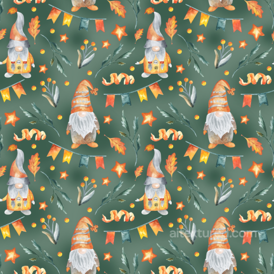 Watercolor Cartoon Gnome Fabric Texture With Foliage And Stars St patrick texture preview