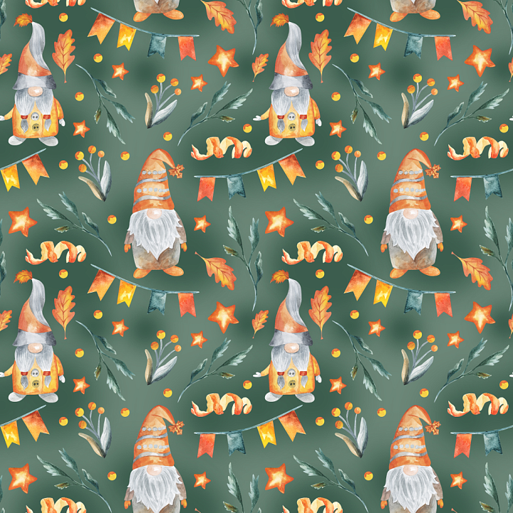 Watercolor Cartoon Gnome Fabric With Foliage And Stars seamless PBR texture preview