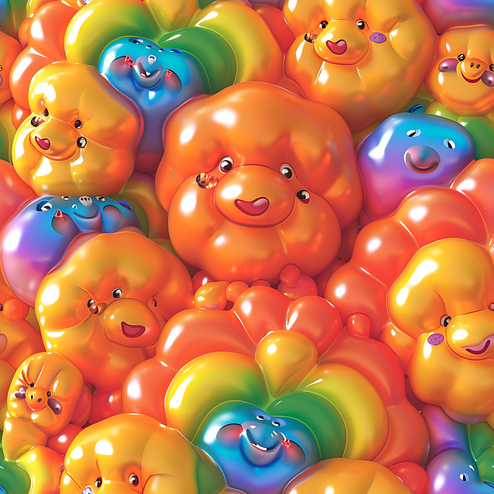 Inflated of Colorful Puffy Vinyl Cartoon Faces seamless PBR texture preview