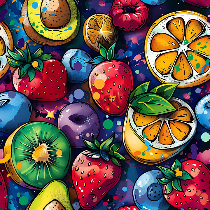 Of Vibrant Fruit Graffiti With Splatters And Bold Outlines seamless PBR texture preview