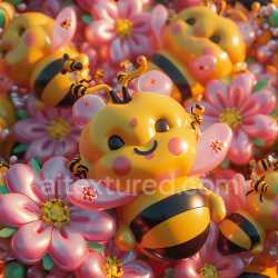 seamless Seamless 3D Inflated PBR Texture Featuring Yellow Vinyl Bee Plush and Pink Puffy Flowers texture 8k free download PBR