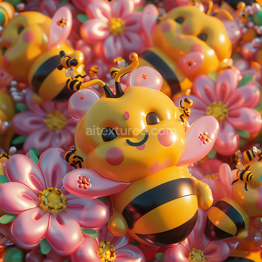 Seamless 3D Inflated PBR Texture Featuring Yellow Vinyl Bee Plush and Pink Puffy Flowers