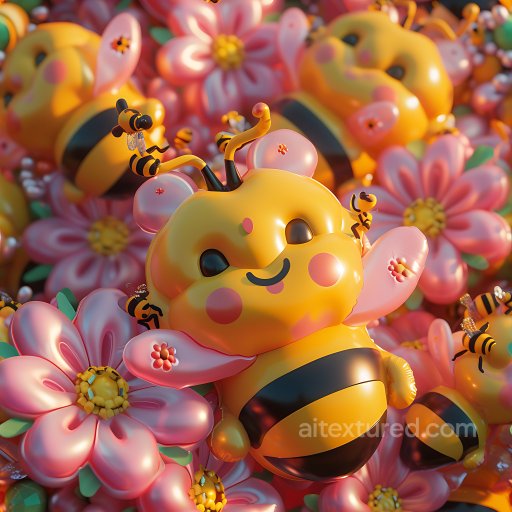 Inflated PBR Texture of Puffy Yellow Bee Characters and Pink Flowers seamless Inflated PBR texture