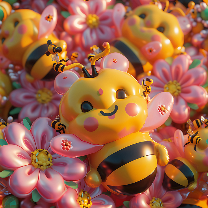 Inflated Featuring Yellow Vinyl Bee Plush and Pink Puffy Flowers seamless PBR texture preview