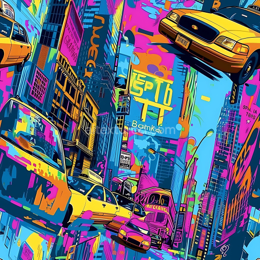 Seamless 3D PBR Texture of Vibrant Urban Graffiti Cityscape with Neon Hues