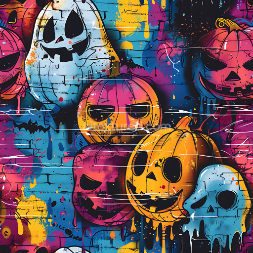 Seamless 3D PBR Texture Featuring Halloween Graffiti Pumpkins and Ghosts