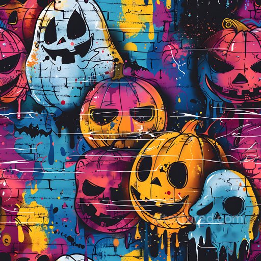Seamless 3D PBR Texture Featuring Halloween Graffiti Pumpkins and Ghosts texture preview